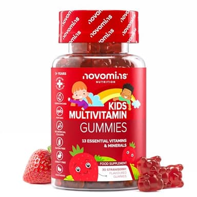 Multivitaminas Niños - 30 Gominolas - Vitaminas Niños con Vitamina C, D, A, E, B12, Zinc, Inositol - Vegano - Multivitaminas Sabor Fresa - Sin Gluten Multivitaminico - Novomins