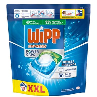 Wipp Express Power Caps (1 x 55), Detergente en cápsulas lavadora que proporciona luminosidad, pastillas lavadora para una limpieza profunda, hasta 30 días de frescor