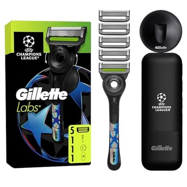 GilletteLabs UEFA Champions League Special Edition Maquinilla De Afeitar Para Hombre Con Barra Exfoliante, 1 Mango + 5 Recambios, Incluye 1 Estuche De Viaje y 1 Colgador De Pared