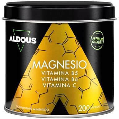 Citrato de Magnesio 1500 mg - 200 Cápsulas - Magnesio Puro 450mg + Vitamina C, B6, B5 Dosis Diaria - Alta Biodisponibilidad - Vitaminas para el Cansancio y Fatiga - ALDOUS