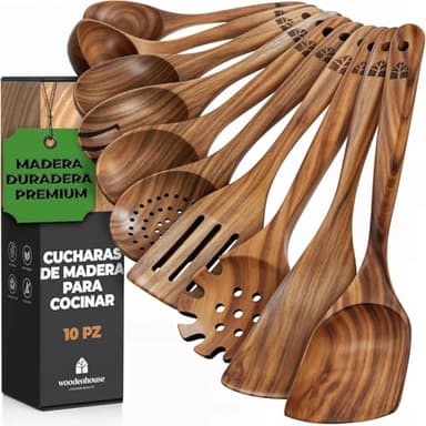 Utensilios de Cocina Madera 10 Pzas para Cocinar - Set de Espátulas y Cucharones de Cocina - Madera de Teca, Antiarañazos. Accesorios Cocina con Agarre Cómodo para Sartenes Antiadherentes