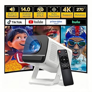 [Apps Integradas & Android 14] Mini Proyector con 5G WiFi 6 Bluetooth 5.4, Soporte 4K 1080P, Auto Keystone, 270° Rotable Projector Portátil Compatibile con HDMI/TV Stick/Laptop/USB/iOS LYNCAST