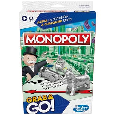 Hasbro Gaming Monopoly Grab and Go, Juegos de Mesa Portatiles, 2 a 4 Jugadores, a Partir de 8 Años, Habilidad y Estrategia, Regalo de Cumpleaños