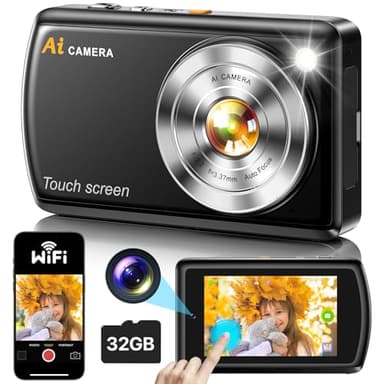 AI Inteligencia Cámara Digital, 1080P Autofocus Cámara de Fotos con WiFi, Camara Fotos con Pantalla táctil IPS de 3,6, Camara Digital con Memoria Micro de 32G para Niños,Adultos,Principiantes
