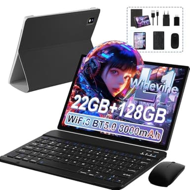JUEDUR Tablet 10 Pulgadas, Tablets Android 14, 22GB RAM+128GB ROM (1TB TF), Tableta PC Widevine L1, 8000mAh, Octa-Core 2.0Ghz, 5G WiFi, Tablet con Teclado y ratón - Negro