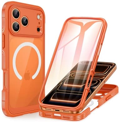 CENHUFO Magnética Funda iPhone 17 Pro MAX [Compatible con MagSafe] Integrado 9H Cristal Templado Protector Pantalla y Protector Cámara, 360 Grados Antigolpes Carcasa Capa Doble Cara Case - Naranja