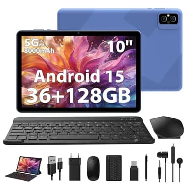 WOREGOO Tableta Android 15 de 10 Pulgadas, Tableta en Oferta 36 GB RAM + 128 GB ROM, WiFi 5G, Octa-Core, 8000 mAh, HD 1280 * 800, Cámara 5 MP + 8 MP con Teclado/Ratón/Funda (Azul)