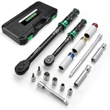LLAVETOR Juego de llaves dinamométricas de 60 Nm y 220 Nm, 3/8 y 1/2 con 15 llaves hexagonales, bujías, extensiones para coche, moto, mantenimiento industrial