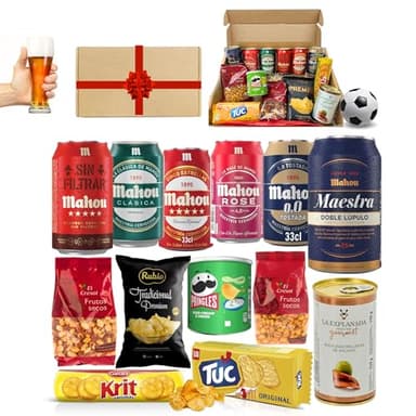FAMILYCOM. Cesta Cervezas Mahou. Regalo original con frutos secos y snacks. Surtido de Cervezas Mahou 5 Estrellas para regalar. Regalo original para Él, Ella, Día del Padre, cumpleaños.