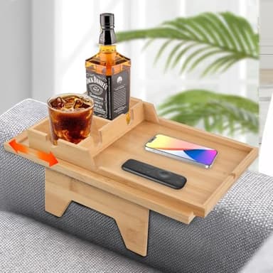 Mapille Bandeja para Brazo de Sofá de Bambú 2-en-1 con Portavasos y Soporte para Tablet, Mesa para Brazo de Sofá 10-20 cm para Bebidas, Snacks y Mandos