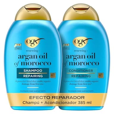 OGX Set Renewing + Argan Oil of Morocco Shampoo y Conditioner, set de champú y acondicionador con Aceite de argán, pack reparador para el cabello seco y dañado, tensioactivos sin sulfatos, 2x385 ml