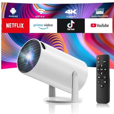 Proyector Portátil Soporte 4K, Mini Proyector con WiFi 6 Bluetooth 5.0 220° Rotation Projector Inteligente con Android11.0, corrección Trapezoidal Vertical automática para HDMI/TV Stick/USB/Laptop
