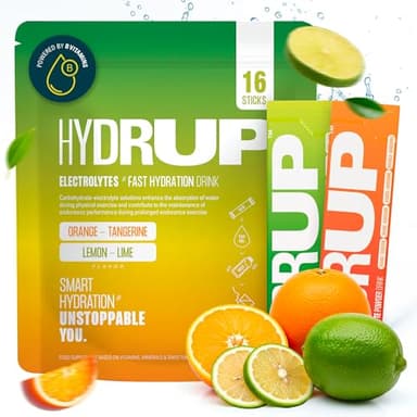 HYDRUP Electrolitos Sin Azúcar en Polvo 1733 mg| Mix Sabores Lima-Limón y Naranja Mandarina | Hidratación Rápida y Energía Natural | Sales Minerales Vitaminas B y C |16 Sobres Sin Gluten ni Lactosa