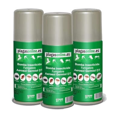 PLAGAS ONLINE Bomba Insecticida Fumigadora anti Chinches, Ácaros, Pulgas, Cucarachas, Mosquitos, Hormigas, Polillas… - Uso interiores - Acción Rápida y Duradera - 100ml (3 uds)