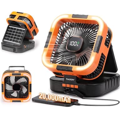 Raddy CF3 Ventilador camping portátil, 20000 mAh recargable batería y 3W panel solar, carga USB, luz LED, 6 velocidades, oscilación de 90°, Adecuado para acampar, viajar