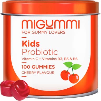 Gominolas Probióticos Niños - 100 Gummies sabor natural a Cereza - Probióticos, Vitamina C, B3, B5 y B6 - Flora intestinal, Gases e Hinchazón - Vitaminas niños - Veganas - Sin Gluten