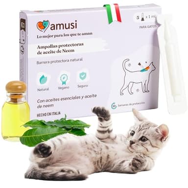 Ampollas Protectoras de Aceite de neem para Gatos - 5 Pipetas de 1 ml - Pipetas Antiparasitarias Gatos - contra Pulgas Garrapatas Mosquitos Piojos - Protección Duradera Natural