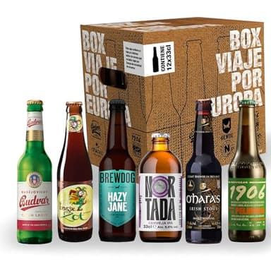 Box Viaje por Europa - Pack de Degustación de Cervezas Europeas,12 x 33 cl,Incluye: Irish Stout,Belgian Blond Ale,IPA,Session IPA,Czeck Lager y 1906 Galician Irish Red