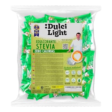 Dulcilight Estevia Granulada - 100 Sobres de Stevia 100% Sabor Natural Zero Calorías 1 sobre = 2 cdas de Azúcar Edulcorante Sustituto del Azúcar con Fibra Vegetal No GMO Keto Vegano Libre de Gluten