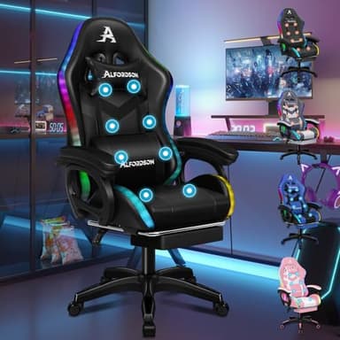 ALFORDSON LED Silla Gaming, Silla Gamer con Masaje de 8 Puntos, Silla de Ordenador Ergonómico con Iluminación RGB con Soporte Lumbar y Reposacabezas, Altura Ajustable, Cuero sintético, Negro