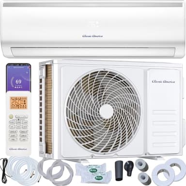 Classic America 12000 BTU Mini inversor dividido de montaje en pared sin conductos con bomba de calor, juego de línea de 15 pies, cobertura de hasta 600 pies cuadrados, (19 SEER2, 120 VAC), WiFi/Alexa