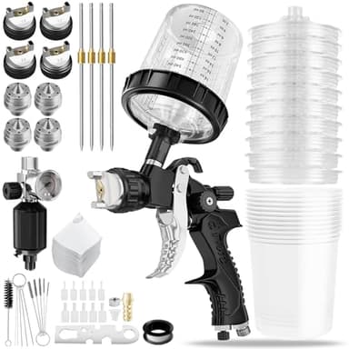 HVLP Pistola de Pintura Profesional, Pistola Pulverizadora de Pintura con Boquillas de 1,4/1,7/2,0/2,5 mm y Regulador de Presión de Aire con Copa Pulverizadora de 600 ml y Accesorios de Pulverización
