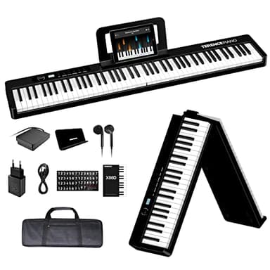 TERENCE Piano Plegable de 88 teclas con batería de 1750mAh semi-ponderadas pedal de sostenido Bluetooth interfaz MIDI soporte para partituras bolsa adhesiva cable de audio