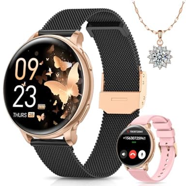 Sanorum Reloj Inteligente Mujer con Llamadas, 1.27'' Smartwatch Mujer Función Femenina, 120+ Modos Deportivos, 24H Pulsometro, SpO2, Monitor de Sueño, Podómetro, Calorías, IP68 iOS Android Oro Negro
