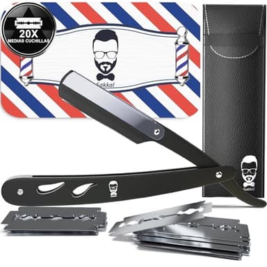 Navaja de Afeitar Hombre - Cuchilla de Afeitar de Barbero - Faca de Barbear Profesional - 20 Medias Cuchillas Dobles con Estuche de Cuero | Kit de Afeitado Clásico para Barba y Bigote