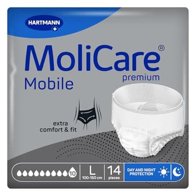 Molicare Mobile 10 Gotas Talla L, Ropa Interior Absorbente para Mujeres y Hombres con Incontinencia Severa, Protección Contra Fugas, Respetuosa la Piel, Mejor Ajuste Corporal, 14 uds