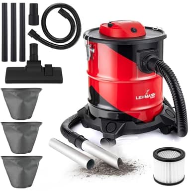 LEHMANN Haddo Aspirador Industrial sin Bolsa 2000W - Aspirador de Cenizas para Chimenea con Doble Filtro - Filtro HEPA - Depósito de Acero Inoxidable de 20L - Función de Soplado - Rojo y Negro