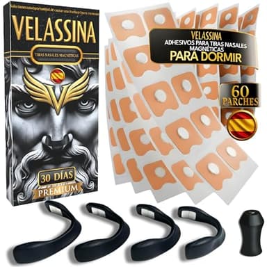 VELASSINA Tiras Nasales Magnéticas Premium - 4 Bandas Magnéticas + 60 Parches (Kit 30 Días) - Incluye Ebook Exclusivo - Tira Nasal Magnética para Respirar Mejor por la Nariz, Tiras Nariz Respirar