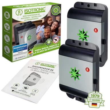 ISOTRONIC Ahuyentador de Ratas y Ratones con ultrasonido | Repelente ultrasónico de plagas para Interiores & Exteriores | Eliminar Ratones y Ratas sin Veneno o trampas | Repelente acústico | Set de 2