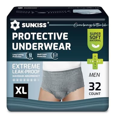 SUNKISS Pañales para Hombre con Incontinencia Protección Diurna Desechable Adultos Ropa Interior Absorbente con Máxima Gris Talla XL 32 Unidades