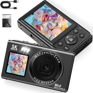 5K 80MP Camara de Fotos con WiFi, Pantalla LCD de 2.4'' y Pantalla para Selfie de 1.5'', Zoom Digital 18X y Tarjeta SD de 32G, Vlogging Cámara Digital Compacta para Adolescentes Principiantes (Negro)