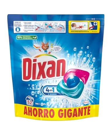 Dixan Total 4+1 Detergente en Cápsulas para Lavadora (52 lavados), jabón para ropa blanca y clara, limpieza, luminosidad y frescor en un detergente