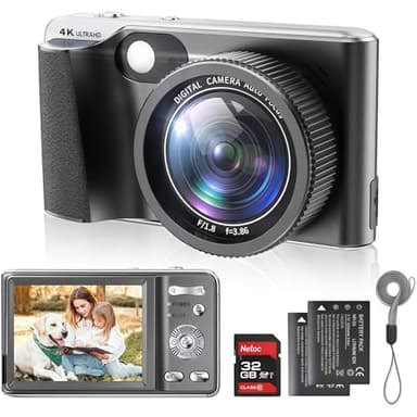 Digitai - Cámara compacta 4K para fotografía de enfoque automático, cámara de vlogging de 48 MP con tarjeta SD de 32 GB, zoom digital de 18x, antivibración, fotografía macro, 2 baterías (negro)