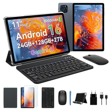 KINGRID T90 Tableta Android 16, 24 GB RAM + 128 GB ROM, Tablet 11 Pulgadas FHD con Teclado y Ratón, 5G WiFi, 8000 mAh, Widevine L1, Cámara Dual, Face ID, GPS y Funda