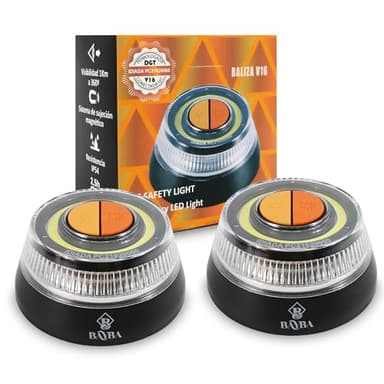 Luz de emergencia para coche homologada DGT con base imantada. Baliza V16 homologada DGT para señalización frente a averia. Señal luminosa de aviso visible a 1 km. 2 Unidades