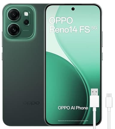 OPPO Reno14 FS 5G – Smartphone Libre con IA, 12GB RAM + 512GB, Cámara Triple 50MP, Batería 6000mAh, Carga Rápida 45W, Pantalla AMOLED 120Hz, IP69, Dual SIM, Android, Versión Española - Luminous Green