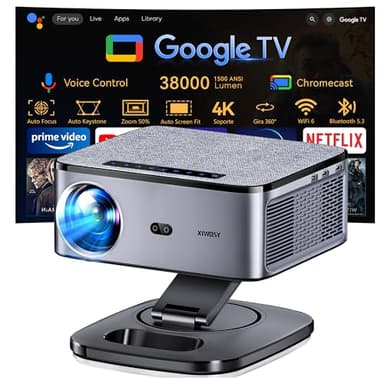 Proyector 【Google TV/1500 ANSI/Gira 360°】 XIWBSY Proyector 4K Soporte Auto Focus/Keystone, WiFi 6 Bluetooth 5.3, 38000 Lúmenes, Control por Voz Projector Netflix Oficial, Portatil Proyectores Video
