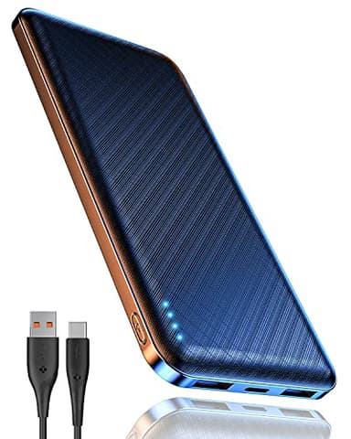 Power Bank, Bateria Portatil 10000mAh Ultra Delgado Ligero Bateria Externa, USB-C Entradas/Salidas (3,0A) y 2 Salidas USB-A (2,4 A), Cargador Portatil Compatible con iPhone Samsung Airpods Huawei iPad
