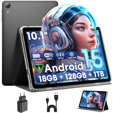 Raemond Android 15 Tablet 10 Pulgadas,18GB RAM 128GB ROM,1280 x 800 IPS HD Widevine L1,Octa-Core,1TB Ampliable,WiFi 6, BT5.4,cámara Dual 5MP+8MP, 6000 mAh,T310 CPU,Face ID,Certificación de Google,GPS