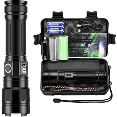 Akdomart Linternas LED Alta Potencia 500000 Lumen, Linterna LED Recargable Con Batería de 5000mAh, Zoonable 5 Modos Linterna Tactica Policial, IPX67 Impermeable Linterna Potente (negro)