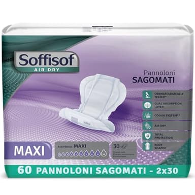 Soffisof Air Dry Maxi Compresas Absorbentes para Hombre y Mujer - 60x Pañales para Adultos - 2 Paquetes de 30 Protecciones Incontinencia - Absorción 9 Gotas