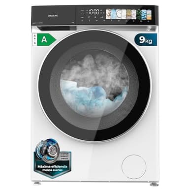 Cecotec Lavadora 9Kg Carga Frontal Bolero DressCode 9970 Direct Drive. Motor Direct Drive, 1400RPM, 11 Programas, PantallaFullColor, Puerta XXL, Función Vapor, Luz Interior, Stop&Go, Blanco