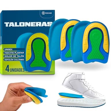Podcase - Pack de 4 Taloneras para Corregir la Fascitis Plantar y Espolón Calcaneo - Plantillas de Silicona para Hombre y Mujer - Pantilla de gel para espolones - Unisex
