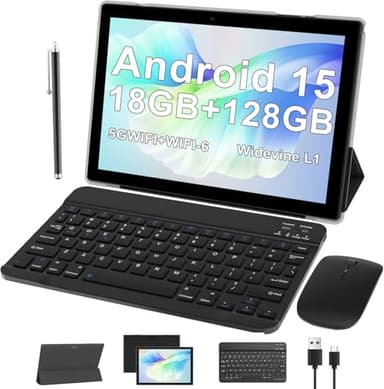ATOZEE Tableta de 10 pulgadas con teclado Android 15 tabletas 2 en 1, 18 GB de RAM, 128 GB, soporta tabletas de expansión de 2 TB, incluye funda, lápiz capacitivo de 6000 mAh, batería de 2 MP+8 MP