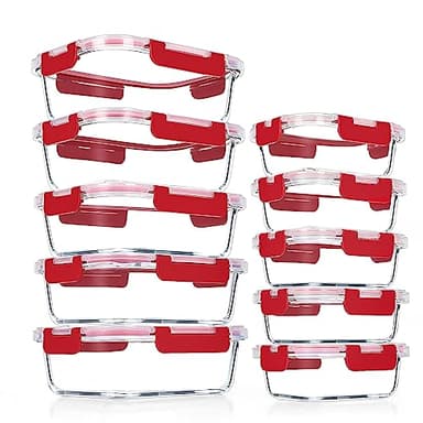 VERONES 10 cajas herméticas de cristal sin BPA para la preparación y conservación de comidas, apilables, con tapas, apto para microondas, horno, congelador y lavavajillas, rojo