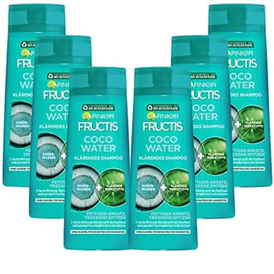 Garnier Champú clarificante contra la raíz del cabello graso y puntas secas, con agua de coco para cabello potente, Fructis Coco Water, 6 x 250 ml